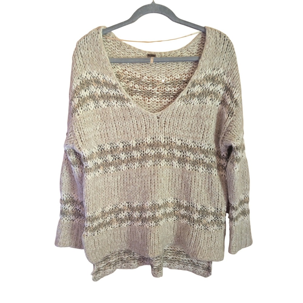 Free People Sweater S Boho Oversized Chunky Knit V-Neck High-Low Relaxed Fit - Picture 1 of 7
